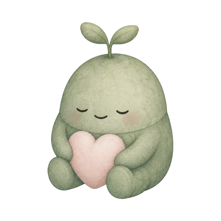 Moss, the sprout buddy, eyes closed, hugging a soft pink heart