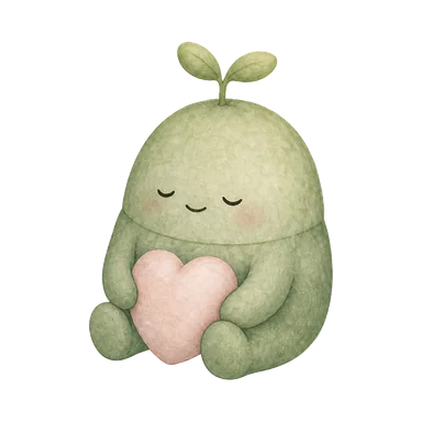 Moss with eyes closed, holding a heart, calm and relieved